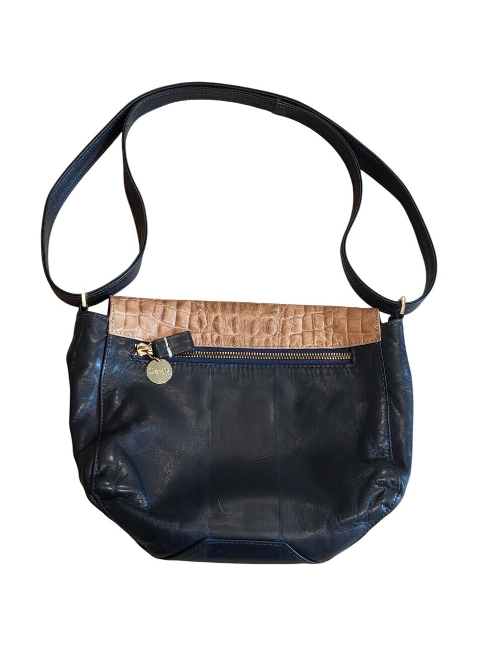 Clare V. Navy Leather Crossbody Tan Croc Foldover Flap Shoulder Bag Logo Charm
